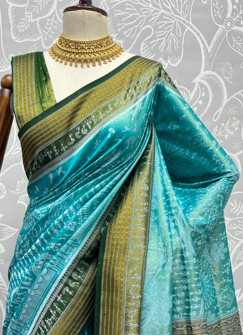 Pure base fabric handcrafted designer silk saree Blue Green