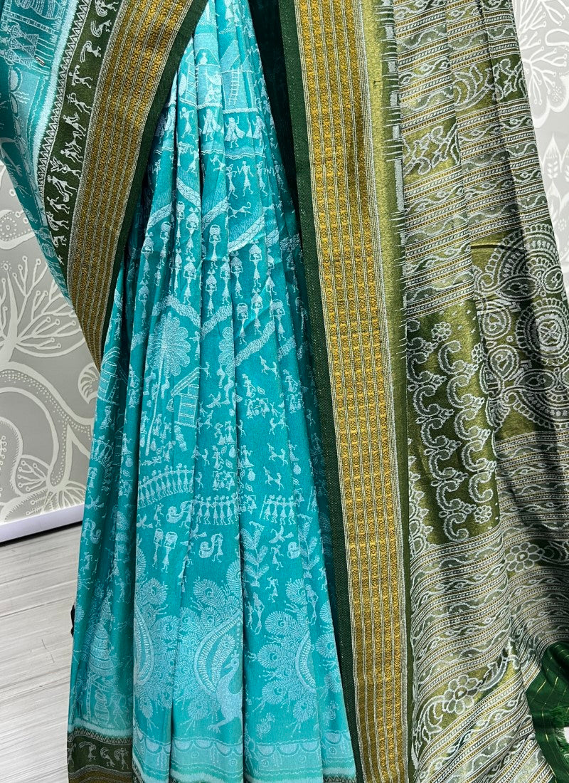Pure base fabric handcrafted designer silk saree Blue Green