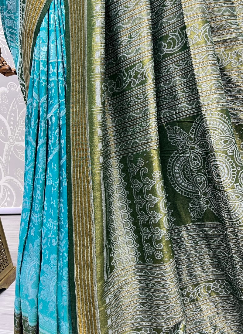 Pure base fabric handcrafted designer silk saree Blue Green