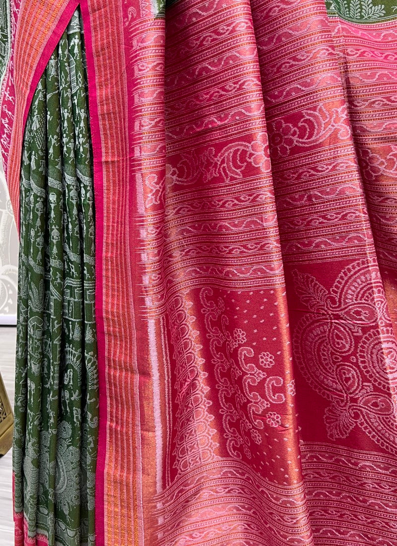 Pure base fabric handcrafted designer silk saree Green Pink