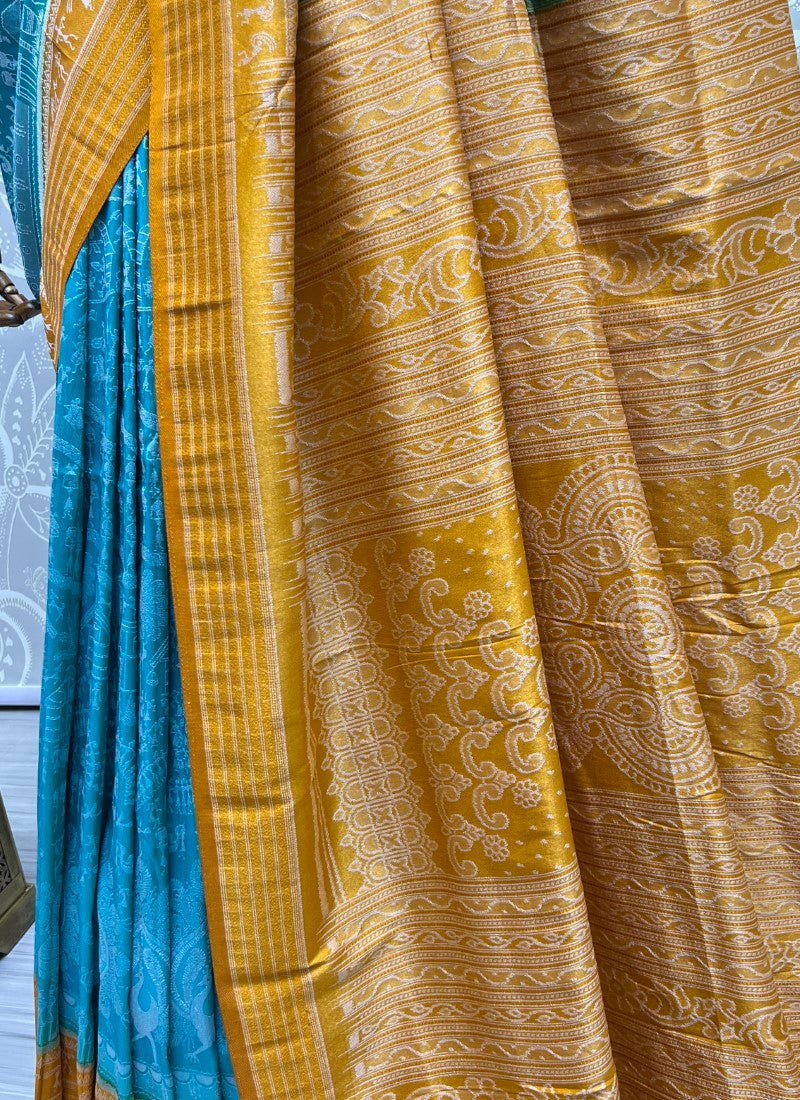 Pure base fabric handcrafted designer silk saree Sky Blue-Yellow