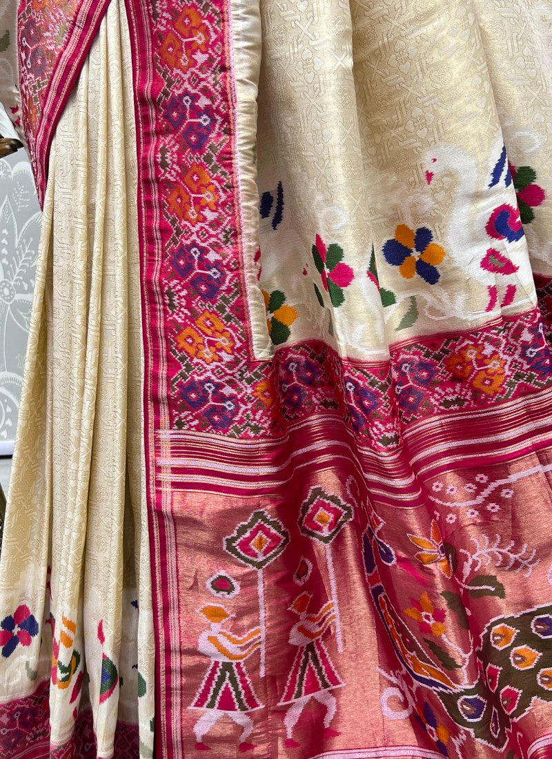 Perfect Cream Partywear Saree in various Patola Handmade