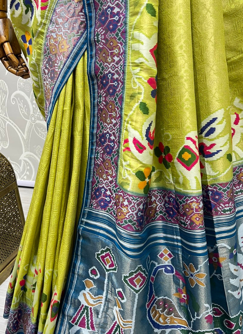Perfect Yellowest Green Partywear Saree in various Patola Handmade