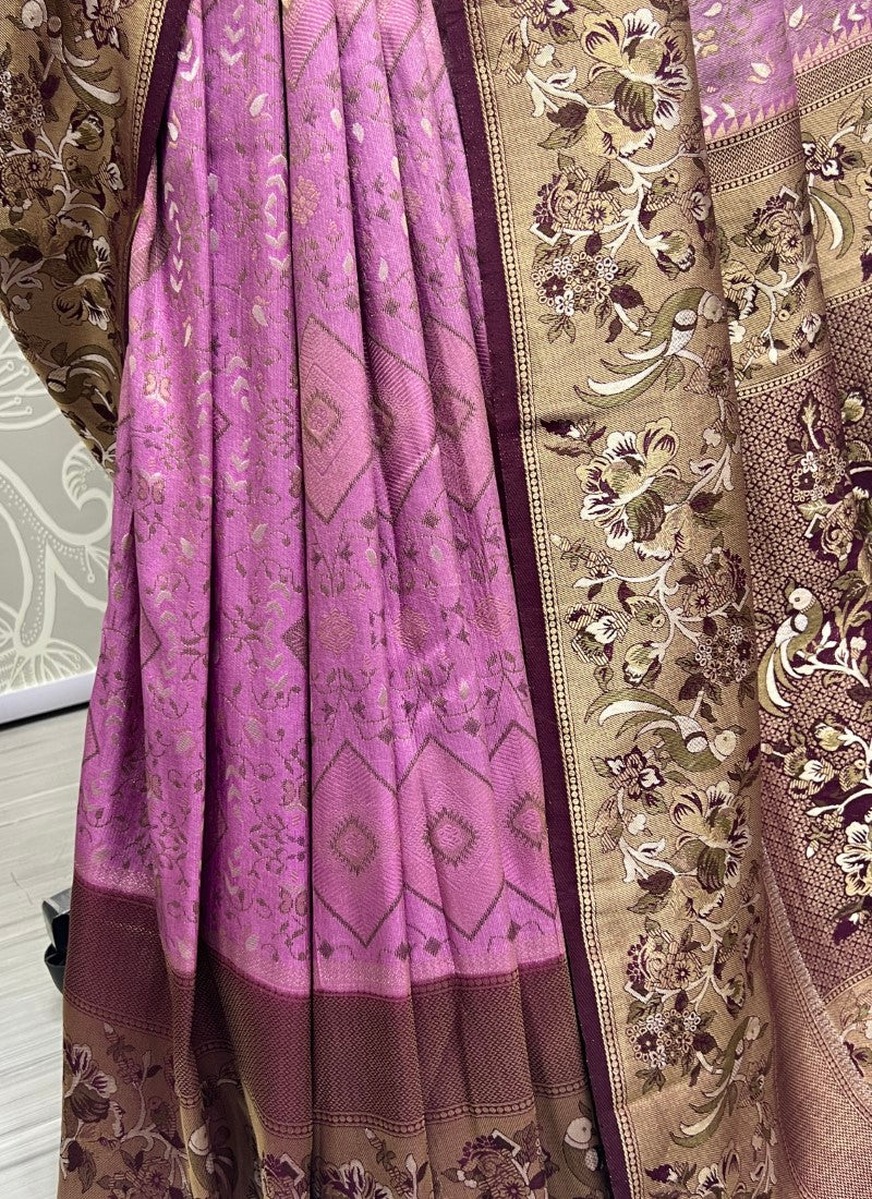 Purple Sober Flower Pattern smooth silk Wedding wear saree