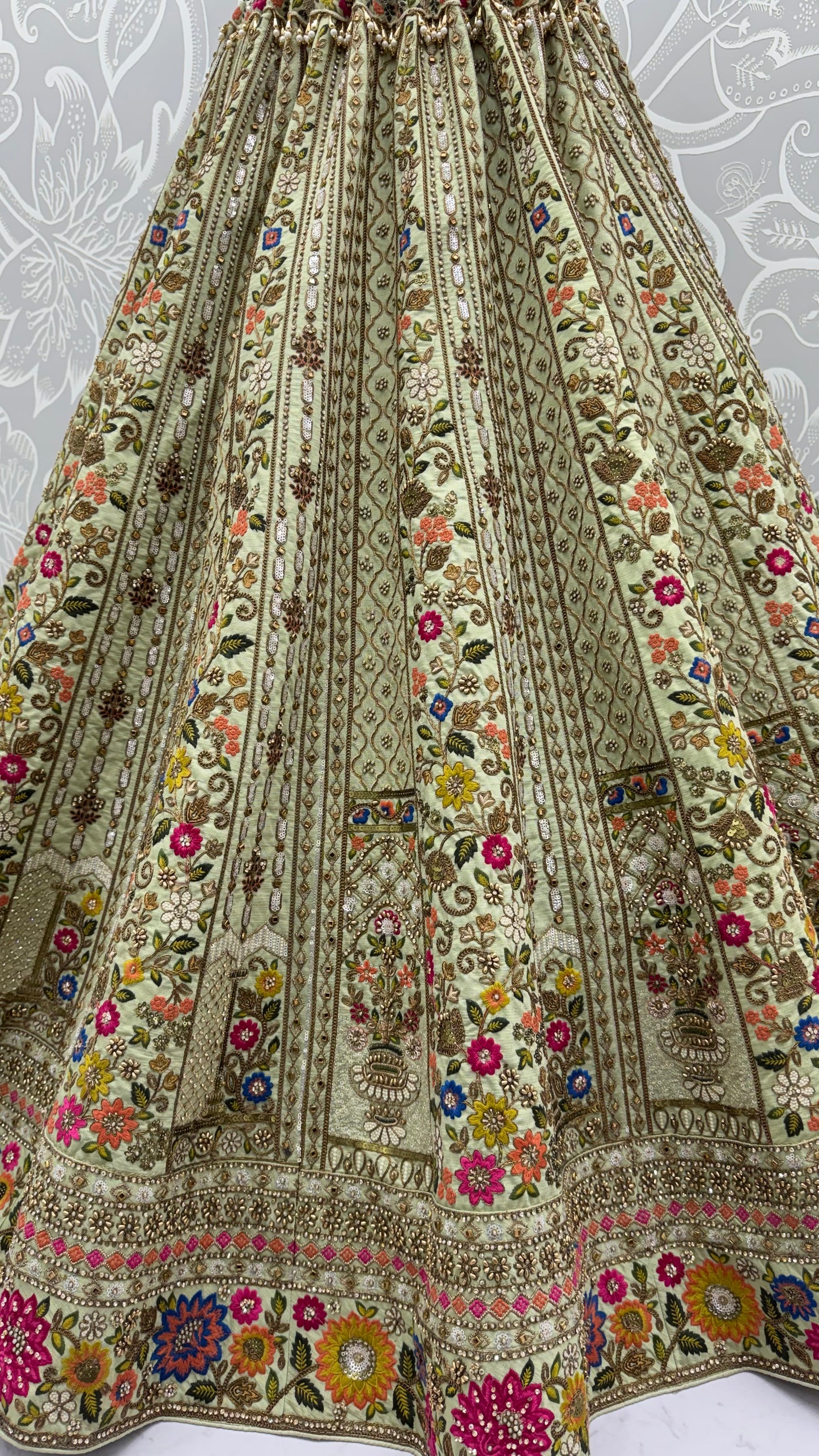 The Meadow's Royalty Sage Green Multicolor Floral Handwork Lehenga Choli