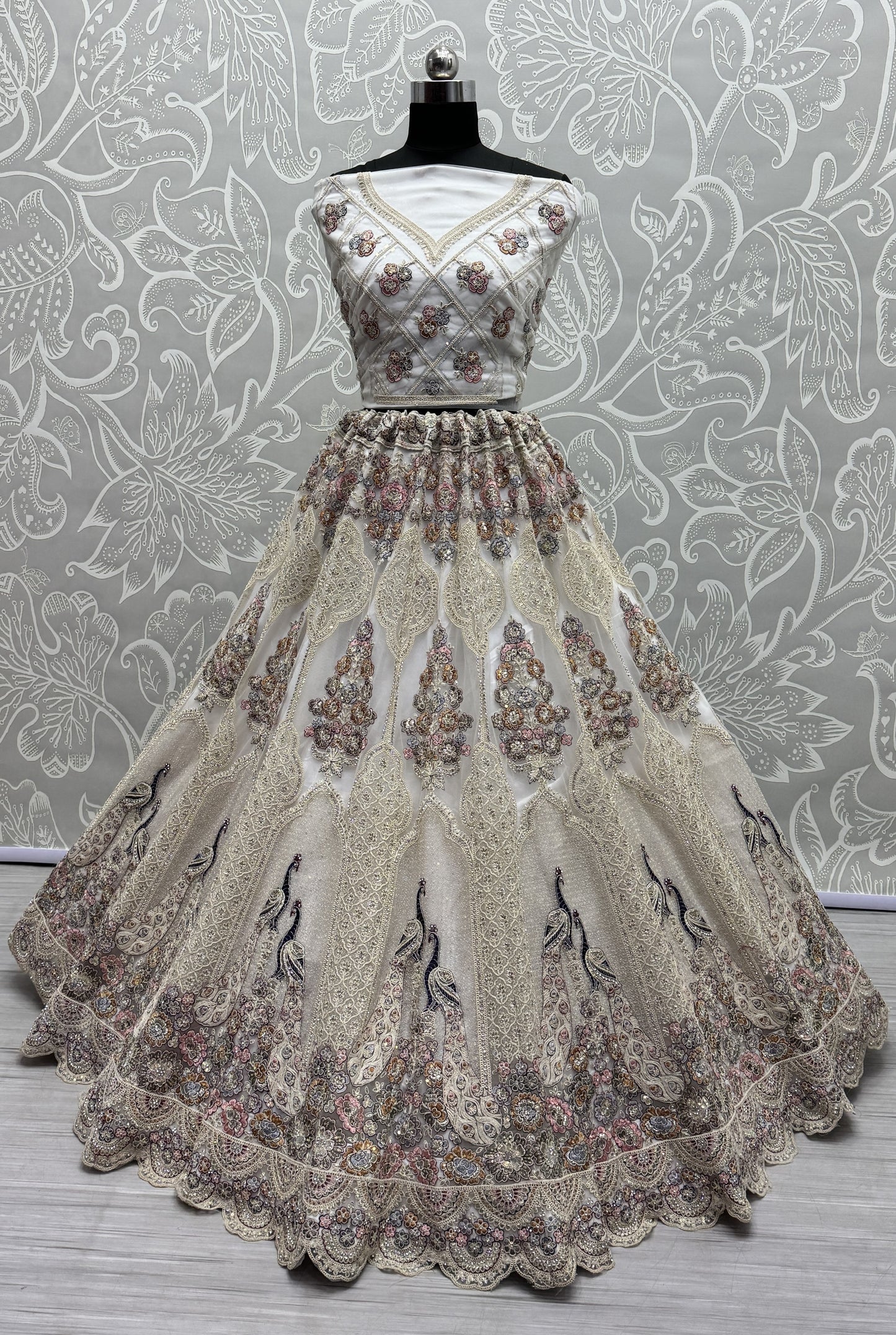 Multi thread and sequins crafted Peacock embroidered Designer partywear Lehengacholi