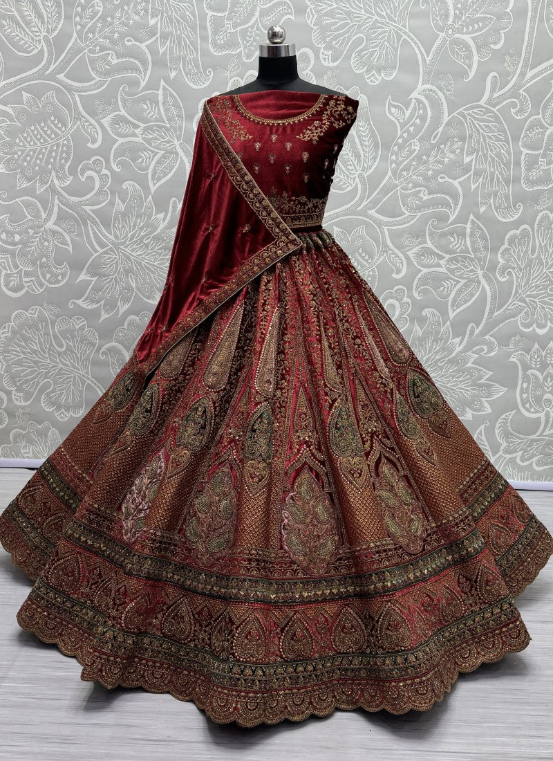 Perfectly Embroidered Velvet Patch work combine bridal Lehengacholi with double dupatta