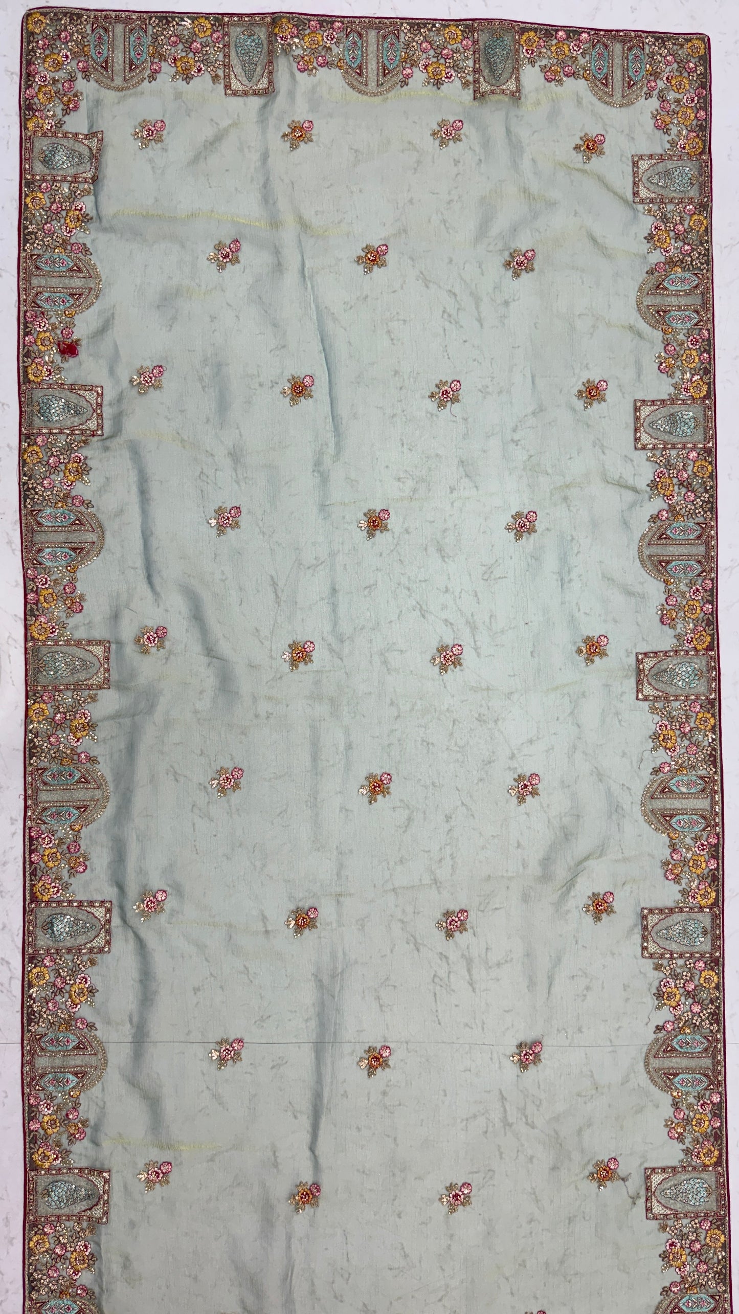 Pastel Sage Gabana Silk Saree with Patch Embroidery, Zari Work and Zircon Diamond Detailing