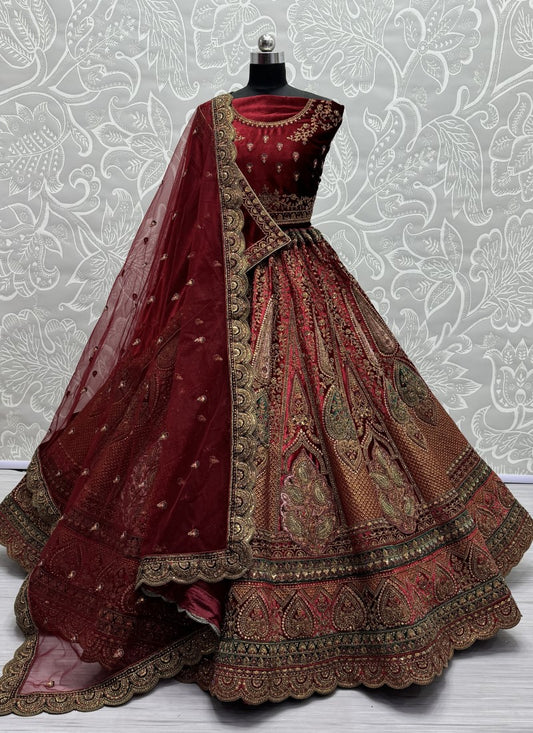 Perfectly Embroidered Velvet Patch work combine bridal Lehengacholi with double dupatta