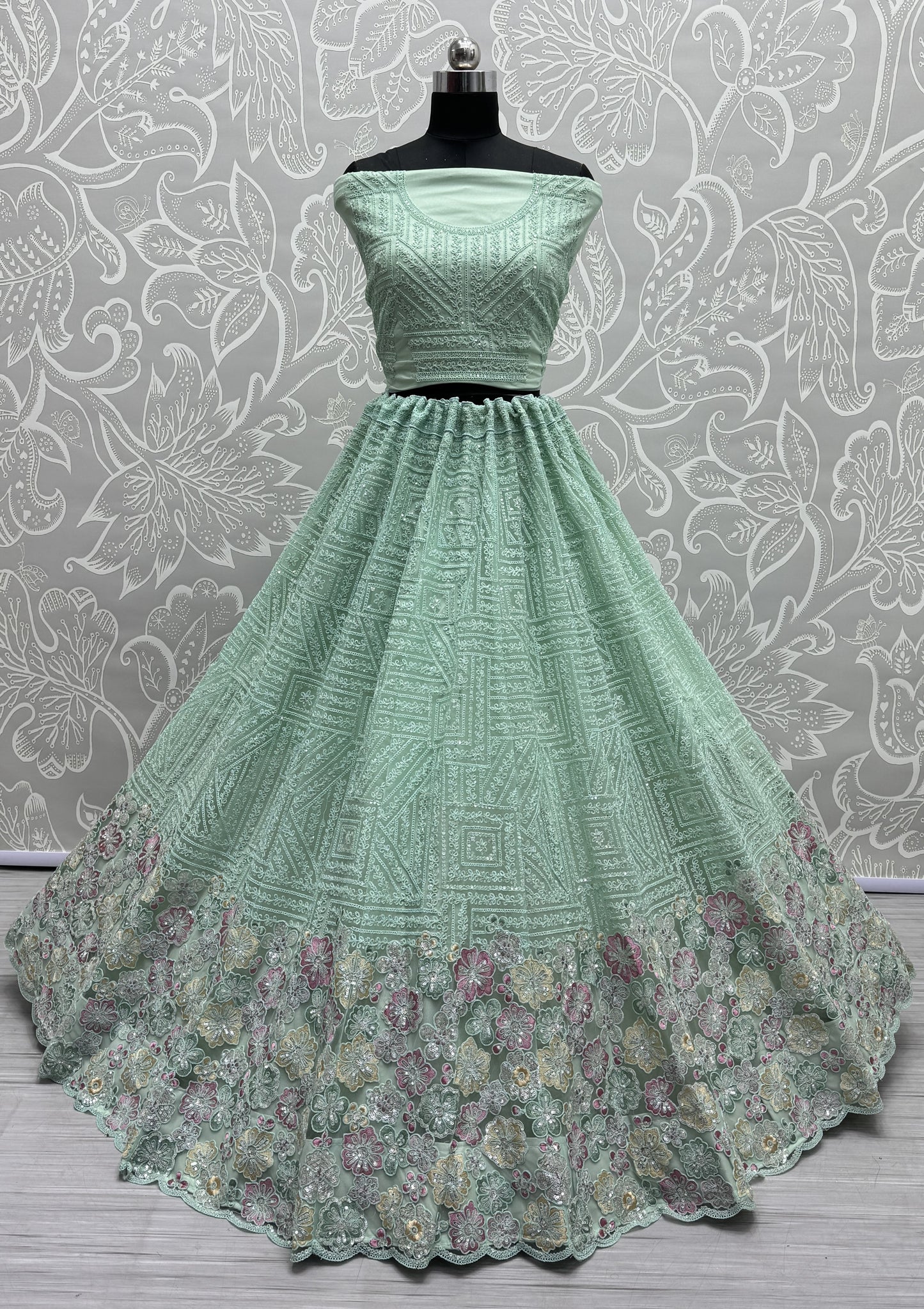 Flower Work Combine with Dori and sequins embroidered Bridesmaids Lehengacholi