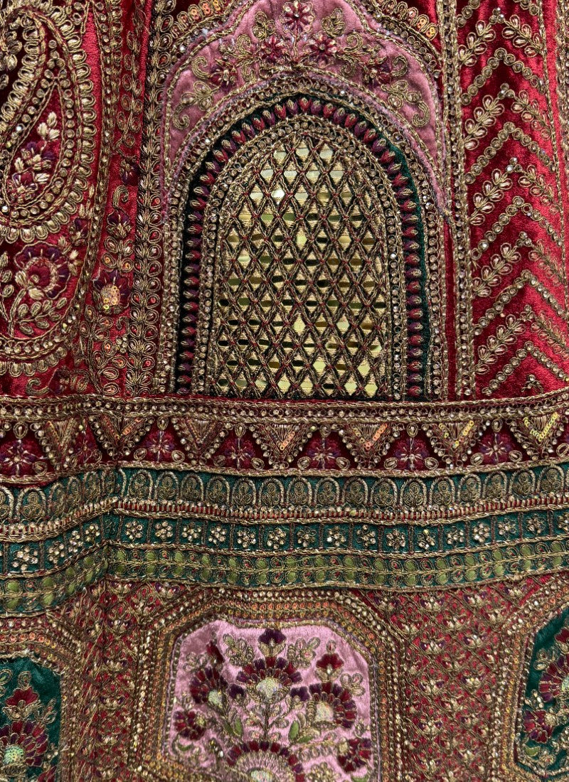 Hand mirror and sequin work on velvet Bridal Lehengacholi