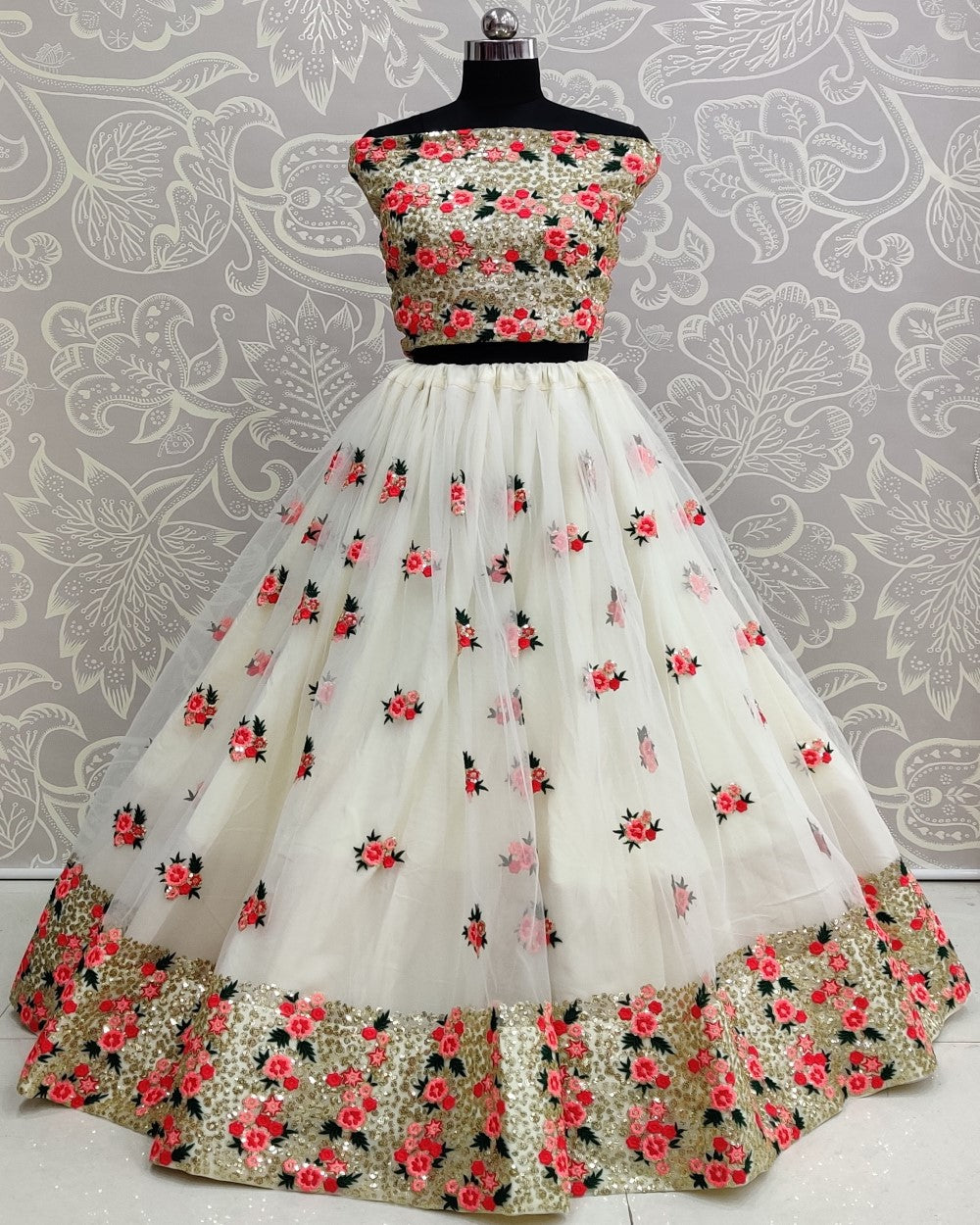 Revealing Thread Embroidery and Sequence Touch Designer Lehengacholi In White