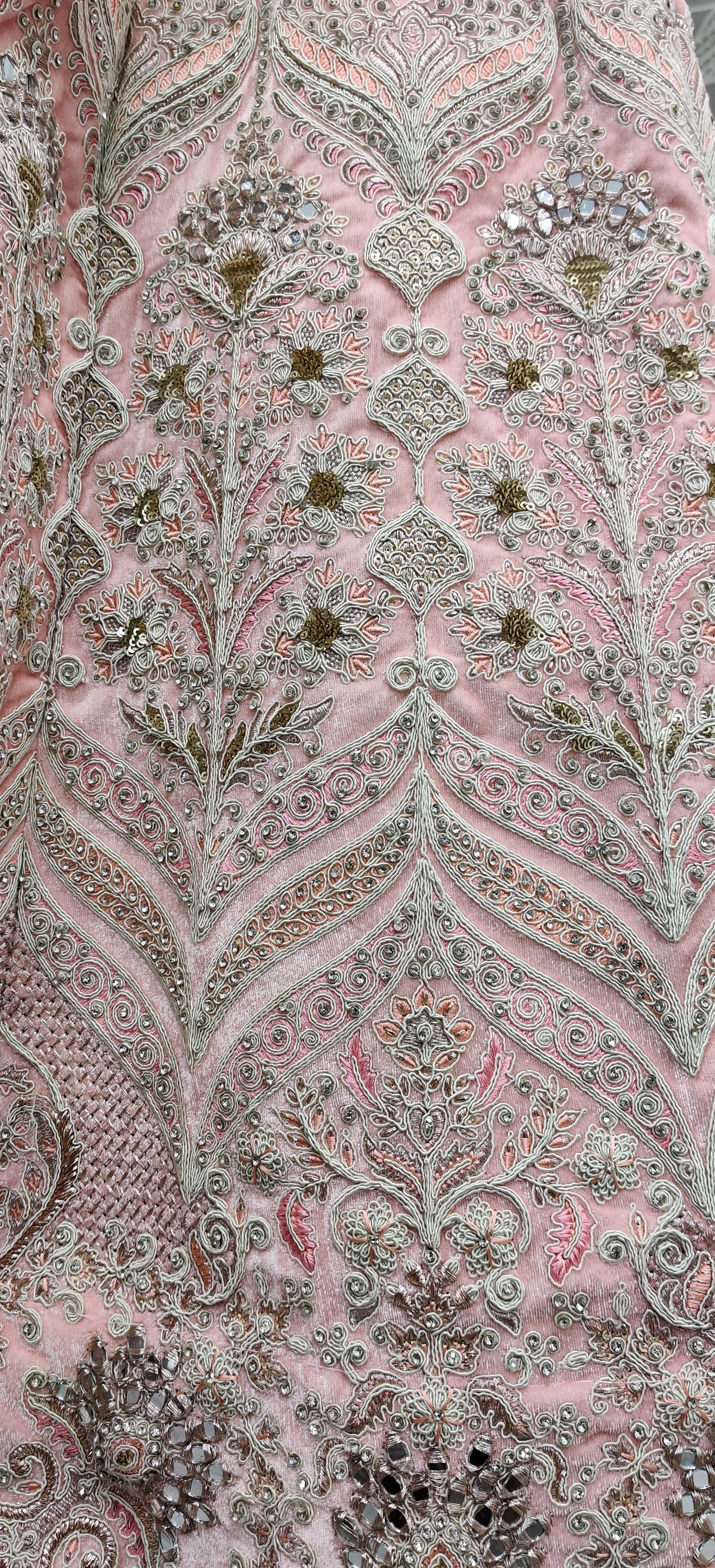 Hand crafted mirror and designer art of work light color range bridal PInk Lehengacholi