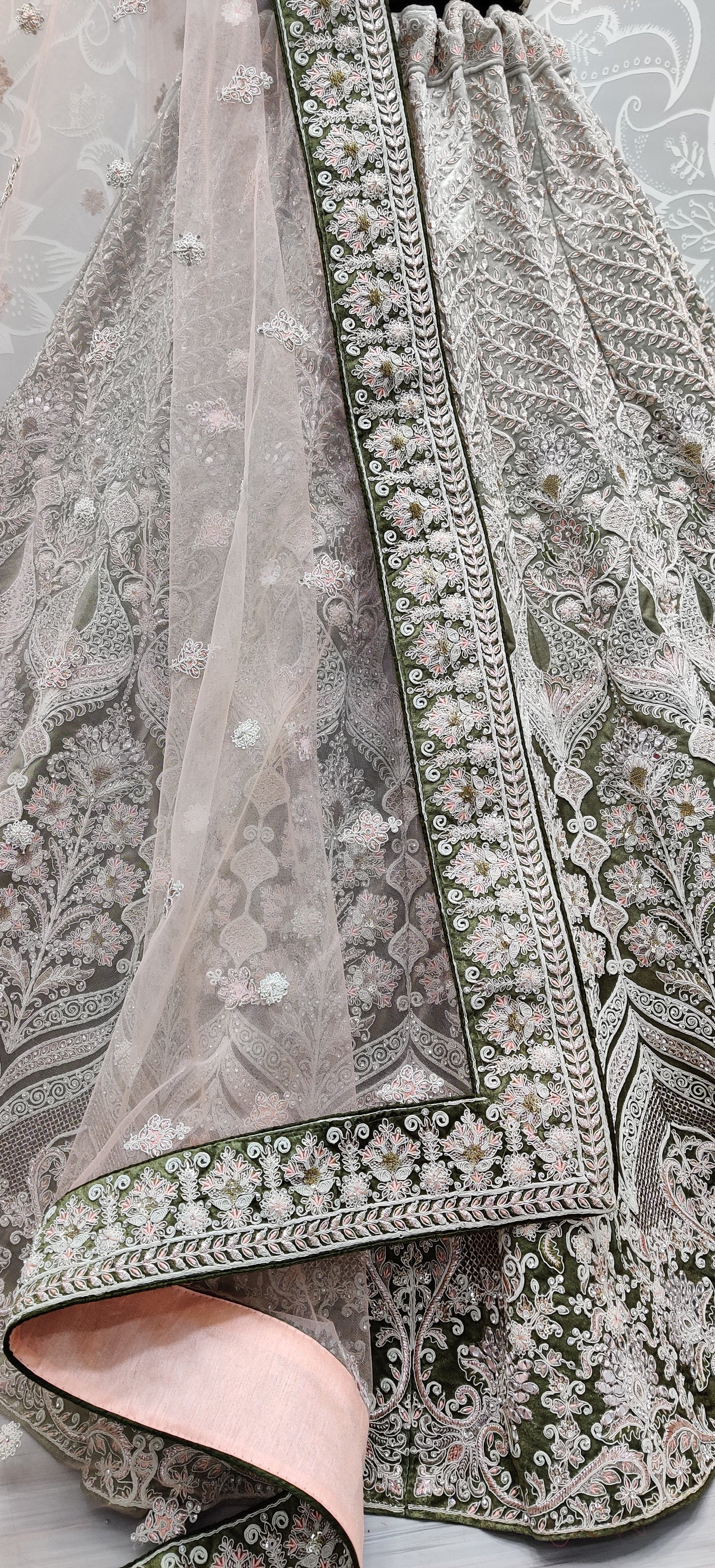 Hand crafted mirror and designer art of work light color range bridal Mehendi Lehengacholi