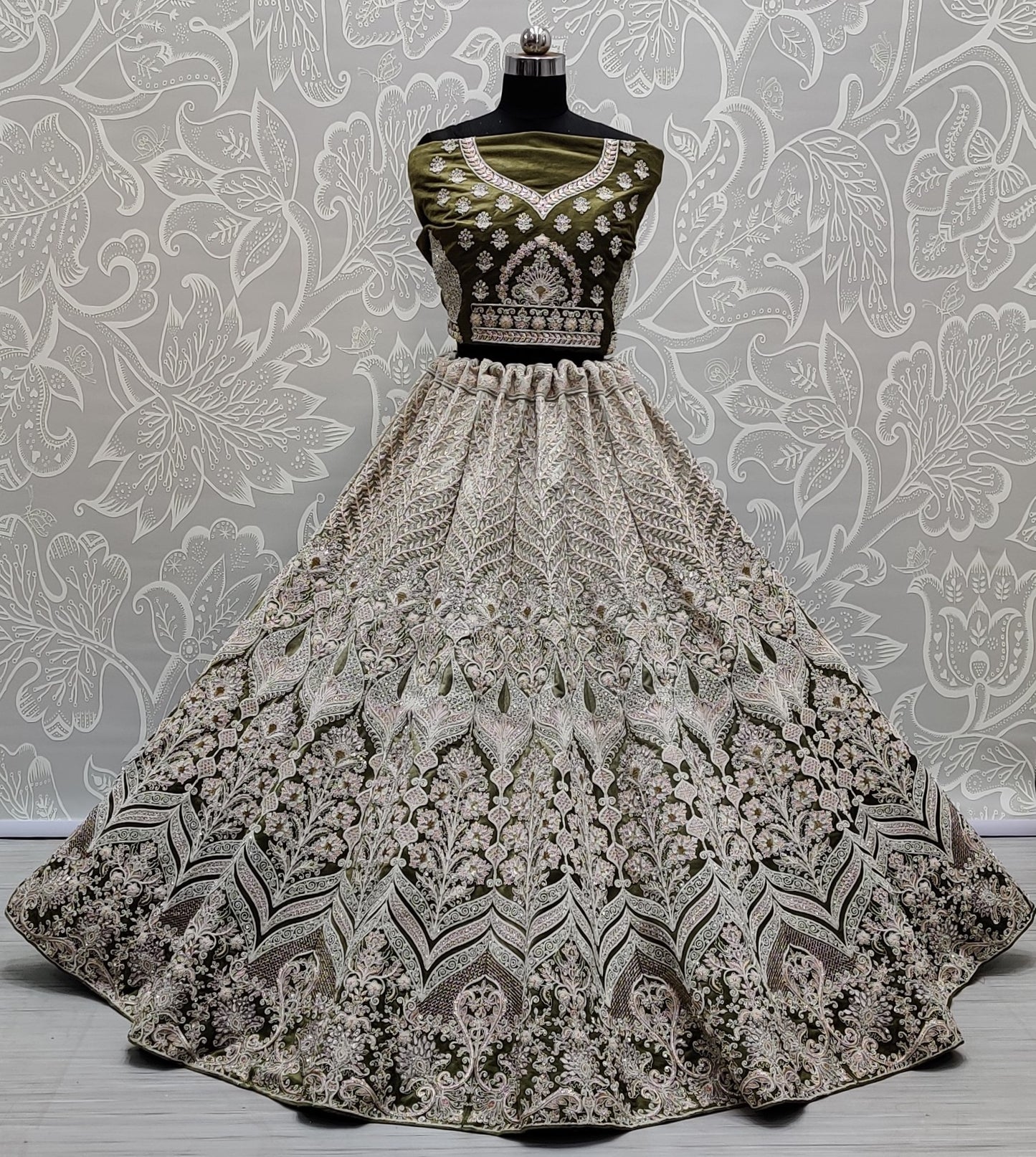 Hand crafted mirror and designer art of work light color range bridal Mehendi Lehengacholi