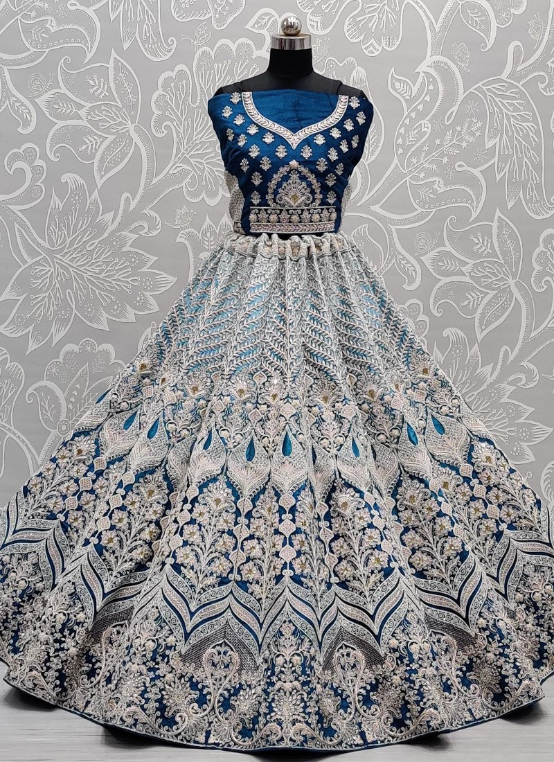 Hand crafted mirror and designer art of work light color range bridal Paddedd Blue Lehengacholi