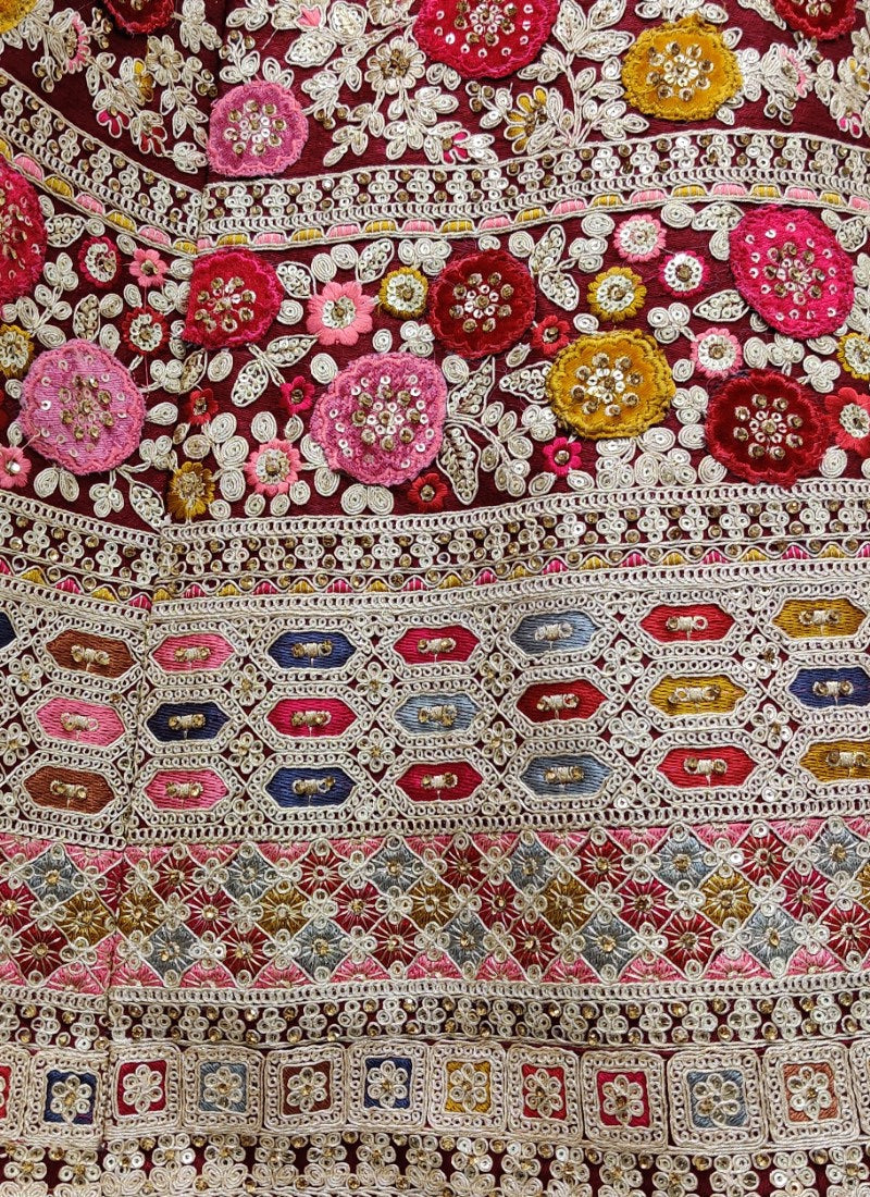 Flower patch work and beautiful threat matching bridal Marron lehenga choli