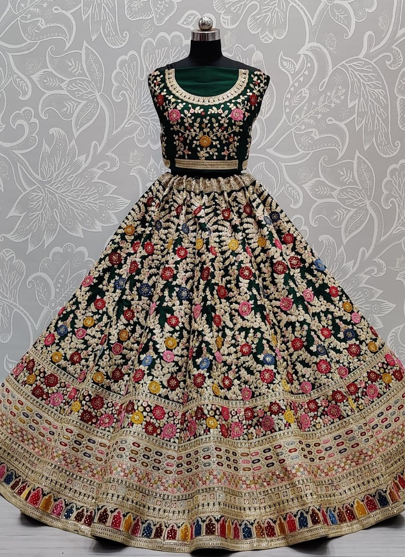 Flower patch work and beautiful threat matching bridal Green lehenga choli