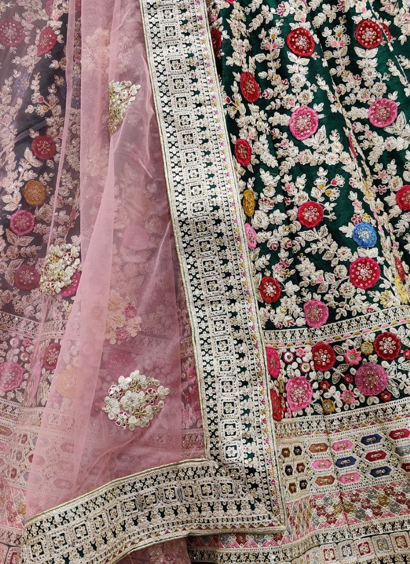 Flower patch work and beautiful threat matching bridal Green lehenga choli