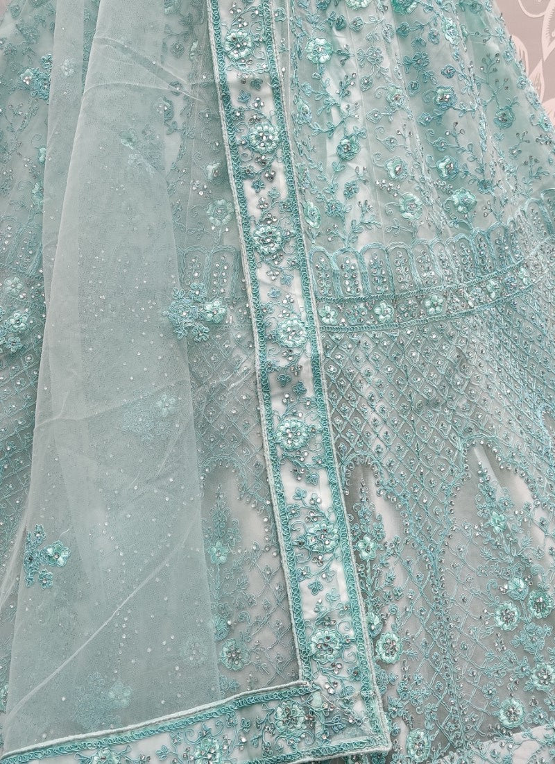 Multi thread and Dori embroidery net Sky Blue Lehengacholi