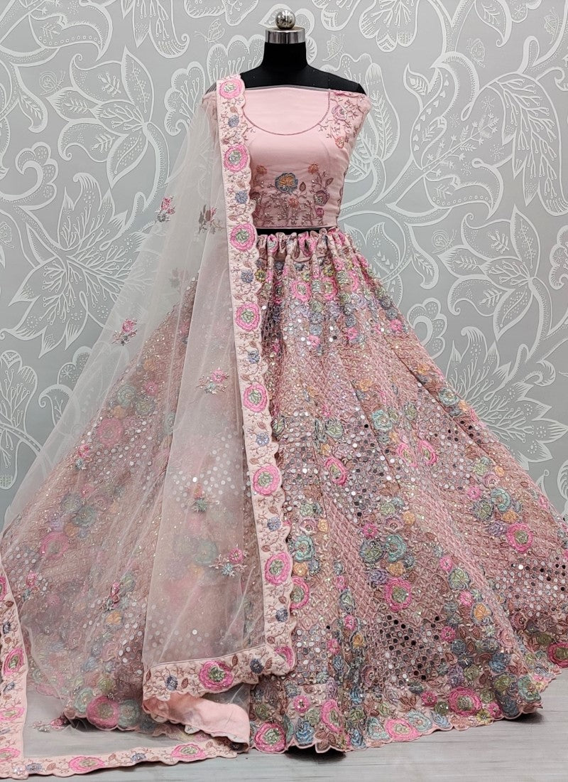 Real mirror and Multi sequins work Bollywood Style Pink Lehengacholi