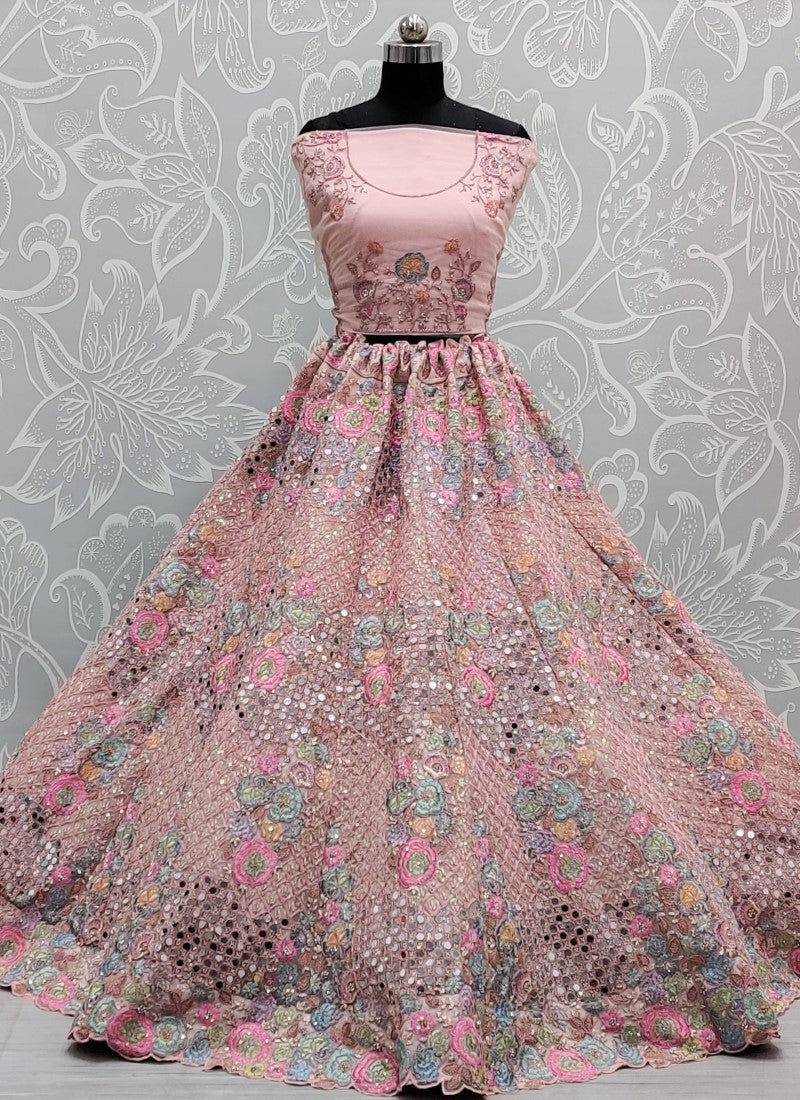 Real mirror and Multi sequins work Bollywood Style Pink Lehengacholi