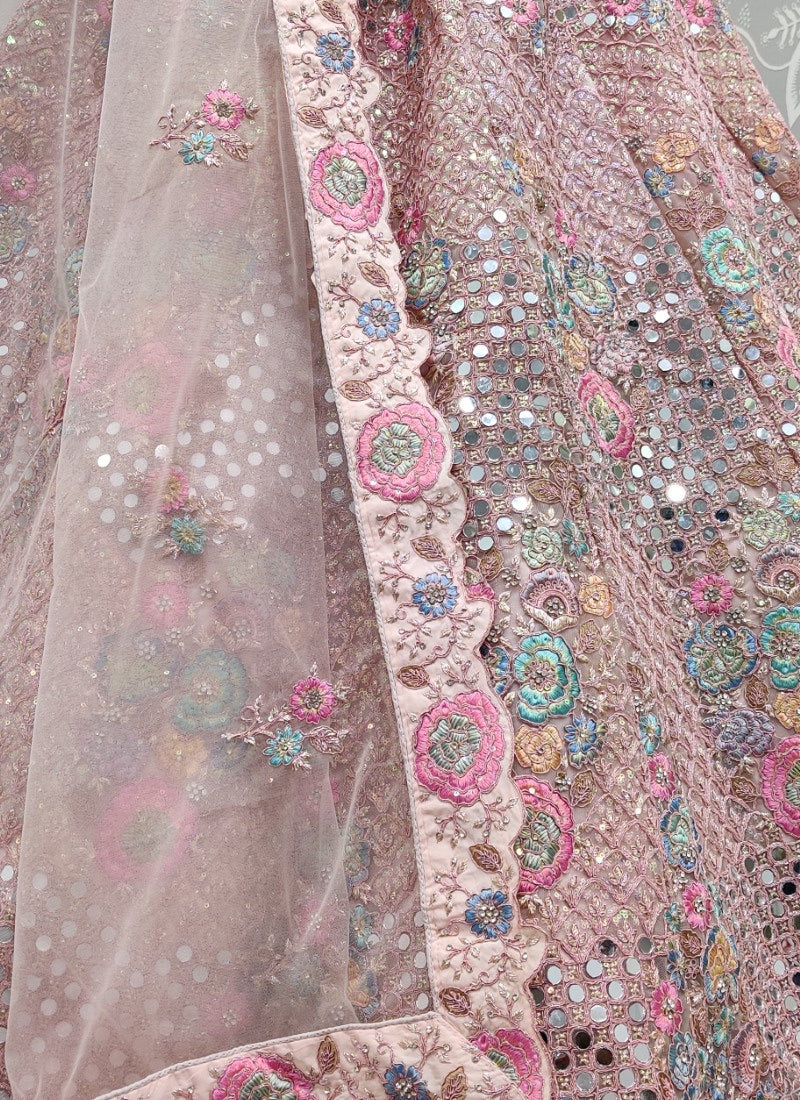 Real mirror and Multi sequins work Bollywood Style Pink Lehengacholi