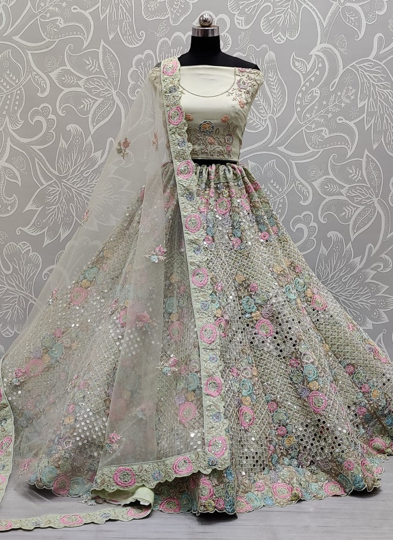 Real mirror and Multi sequins work Bollywood Style Pista Lehengacholi