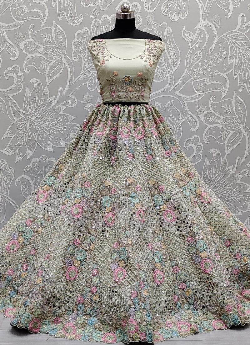 Real mirror and Multi sequins work Bollywood Style Pista Lehengacholi