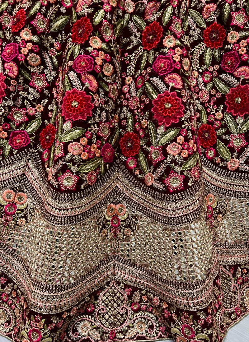 Admirable Art of Work in Maroon Bridal Lehenga - Patch work with handcrafted mirror and many more.