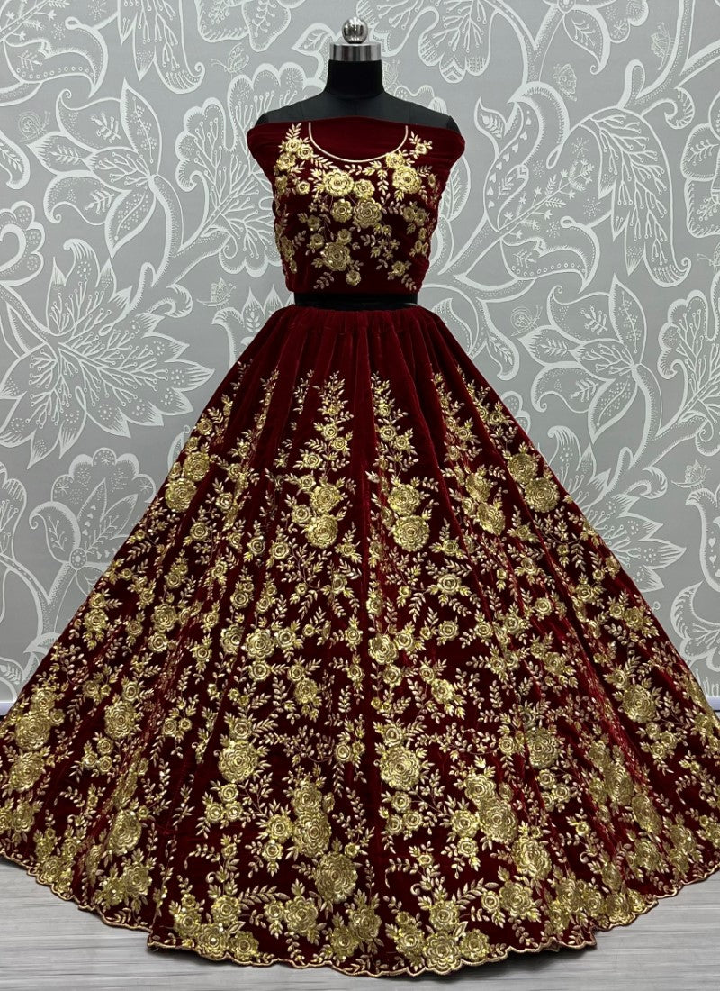 Anjani Signature Dark Maroon Velvet Lehengacholi Instock on Demand