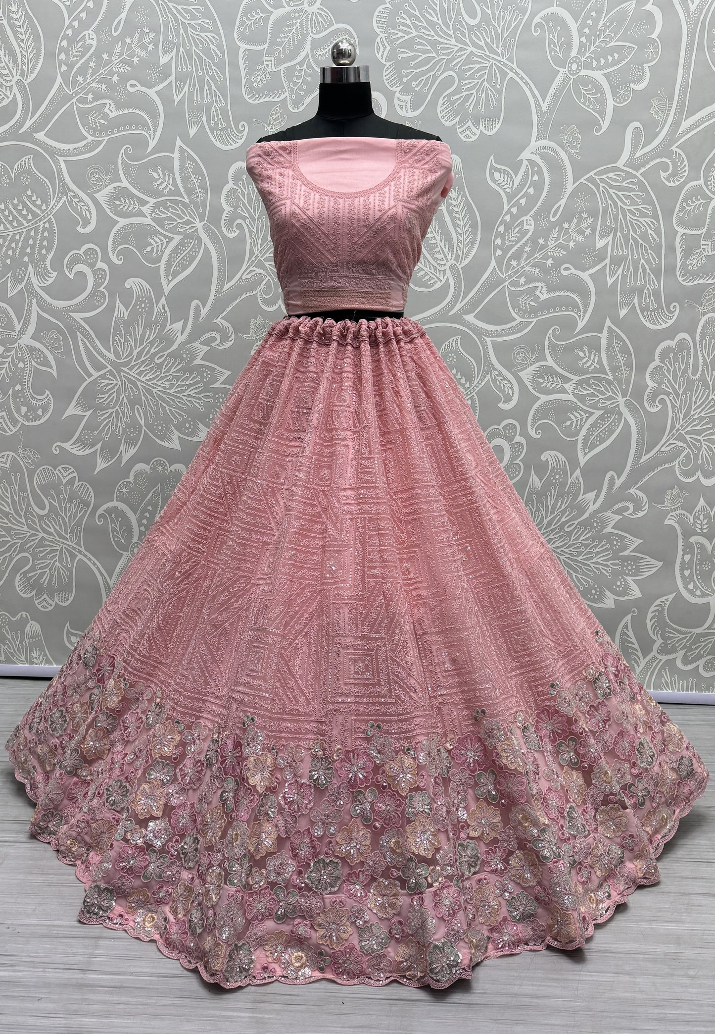 Flower Work Combine with Dori and sequins embroidered Bridesmaids Lehengacholi