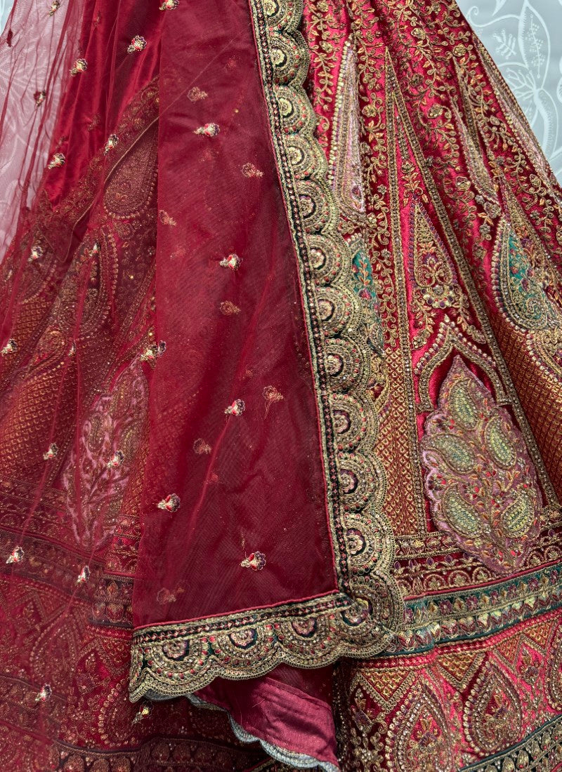 Perfectly Embroidered Velvet Patch work combine bridal Lehengacholi with double dupatta