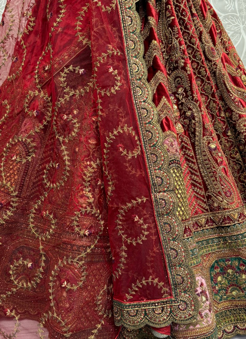 Hand mirror and sequin work on velvet Bridal Lehengacholi