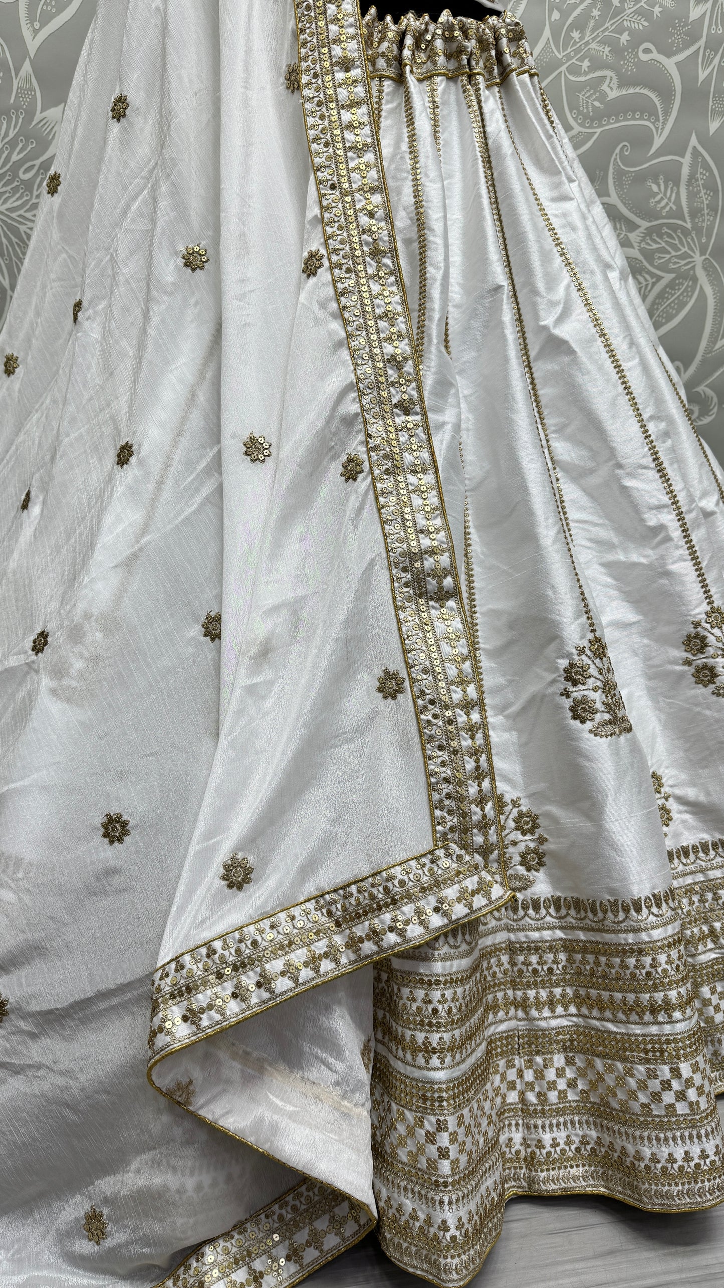 Pure Chinon Dupatta and Silk Crafted in metalic Sequins 9mm with zari Embroidery Flaired Partywear Lehengacholi