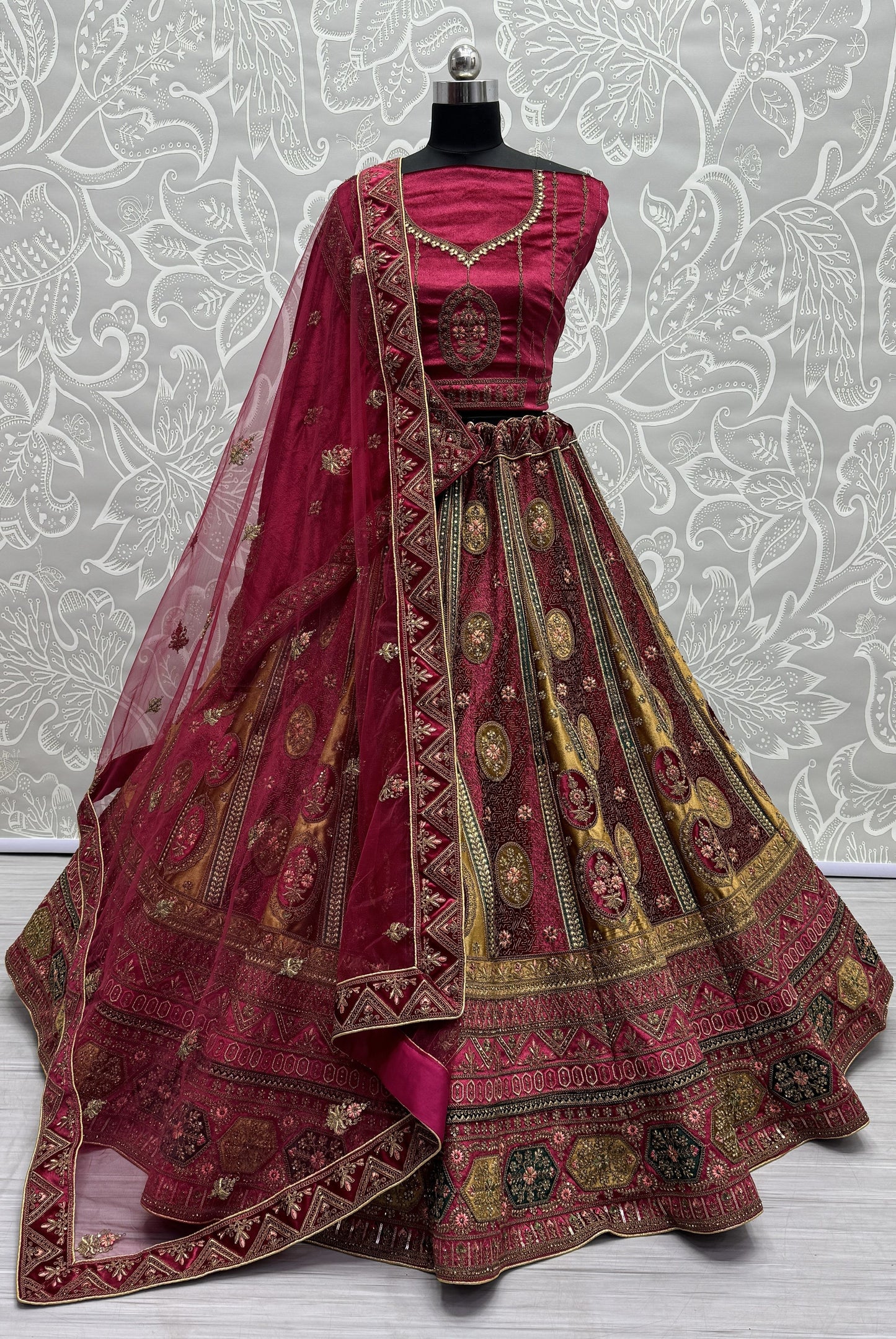 Amazing Kali With Patch Work Design Bridal Lehenga Choli In Raspberry