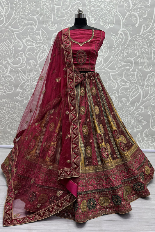 Amazing Kali With Patch Work Design Bridal Lehenga Choli In Raspberry