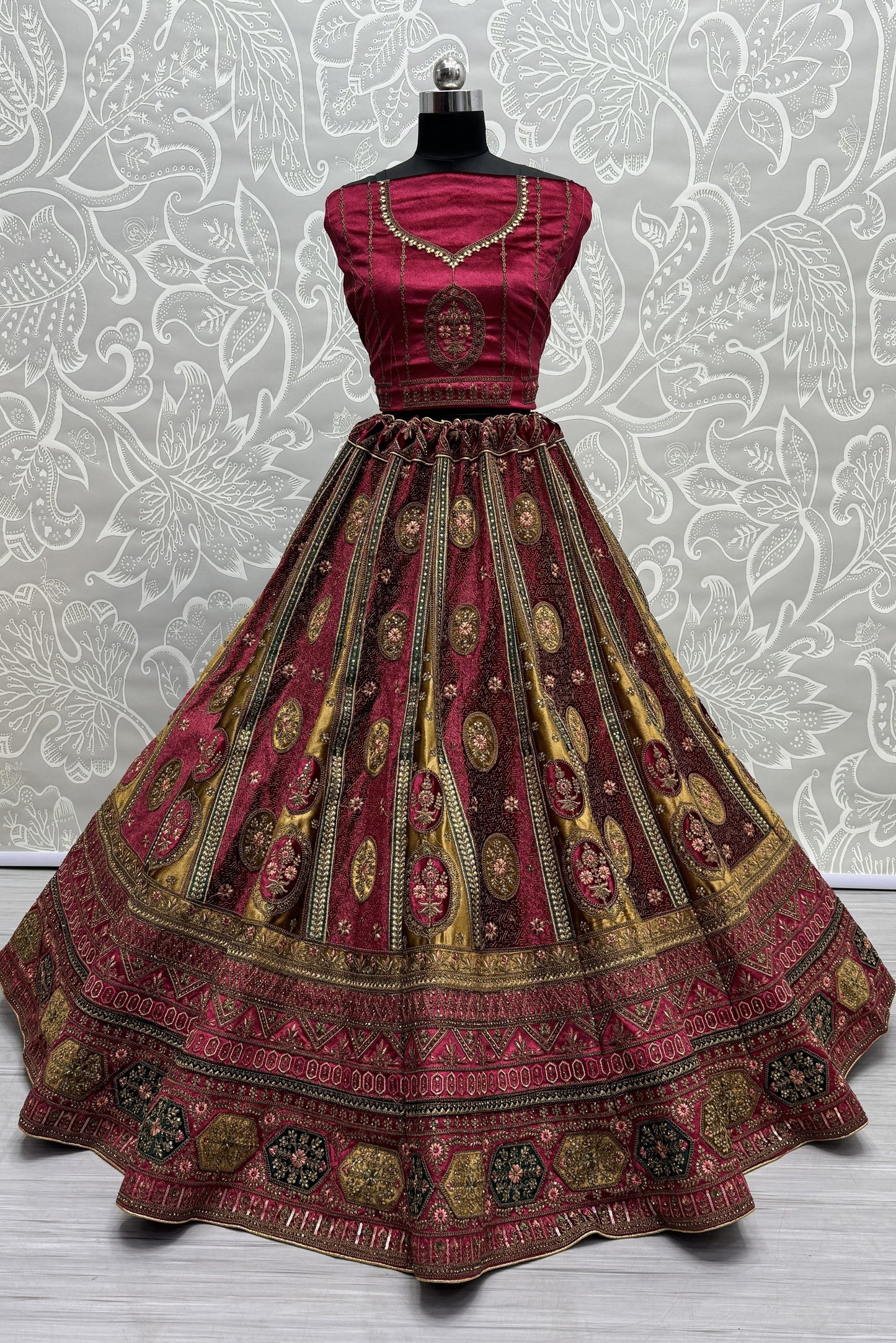Amazing Kali With Patch Work Design Bridal Lehenga Choli In Raspberry