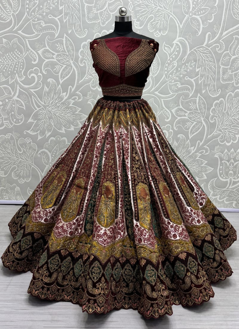 Double dupatta and heavy velvet patchwork attached designer bridal Lehengacholi in Cream colour