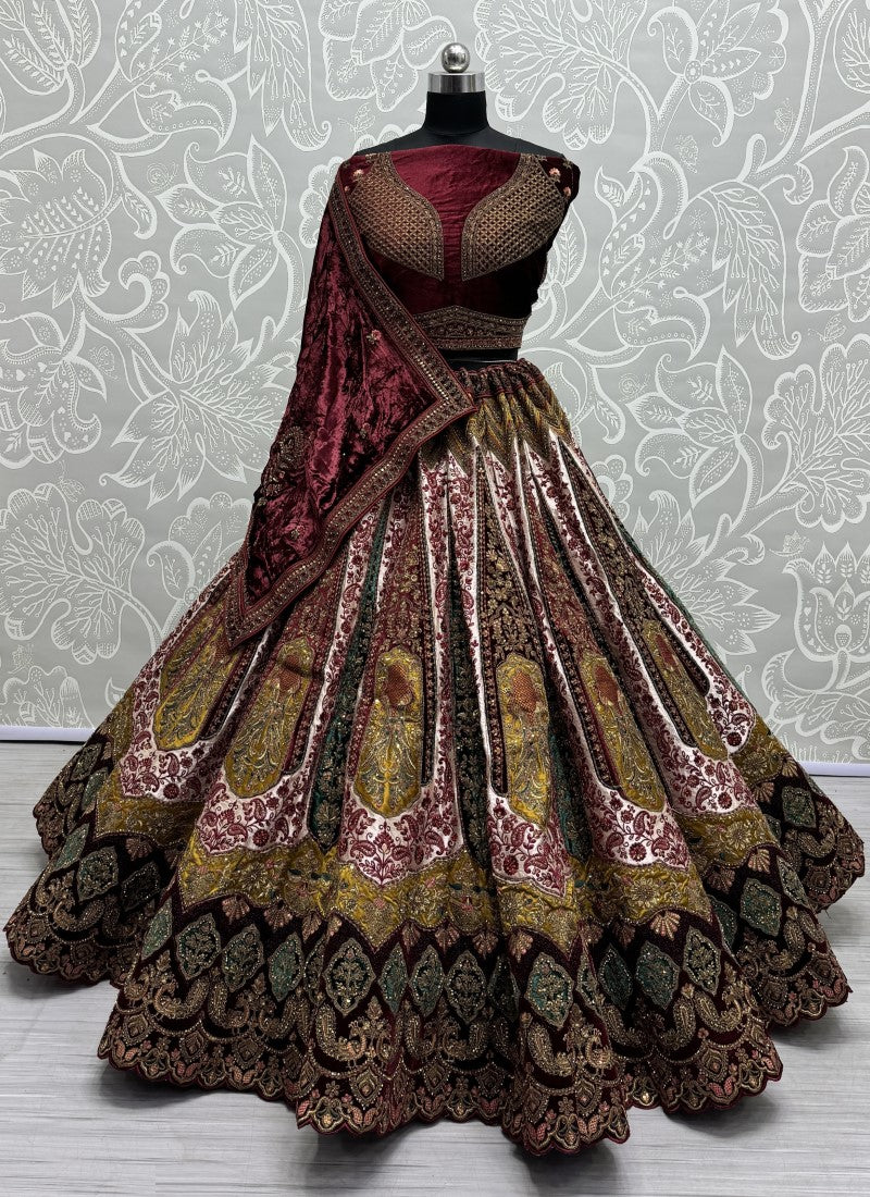 Double dupatta and heavy velvet patchwork attached designer bridal Lehengacholi in Cream colour