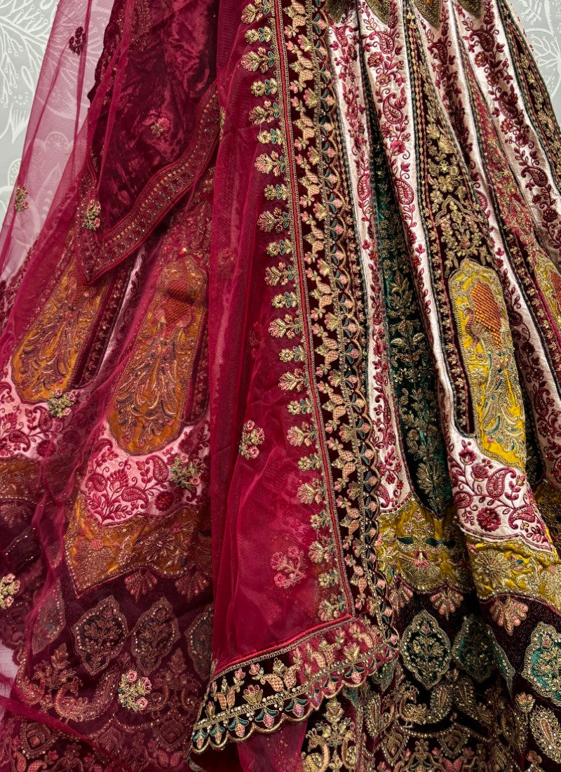 Double dupatta and heavy velvet patchwork attached designer bridal Lehengacholi in Cream colour