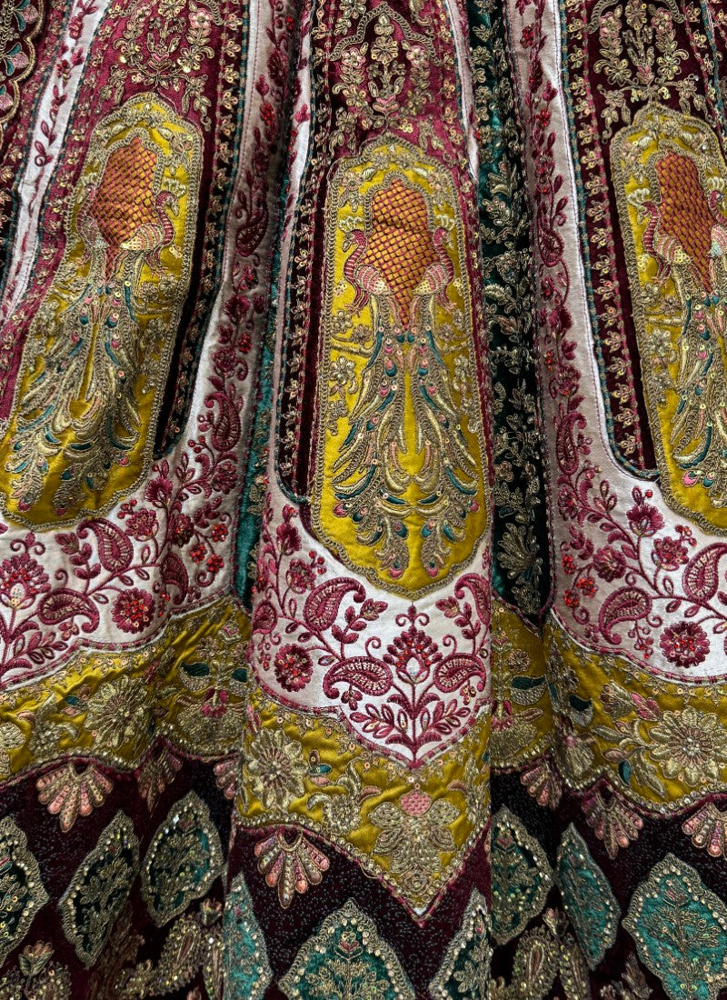 Double dupatta and heavy velvet patchwork attached designer bridal Lehengacholi in Cream colour