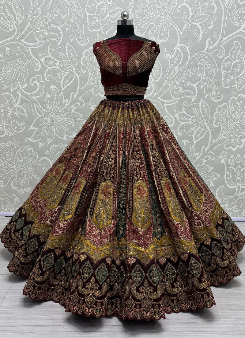 Double dupatta and heavy velvet patchwork attached designer bridal Lehengacholi in chicku colour