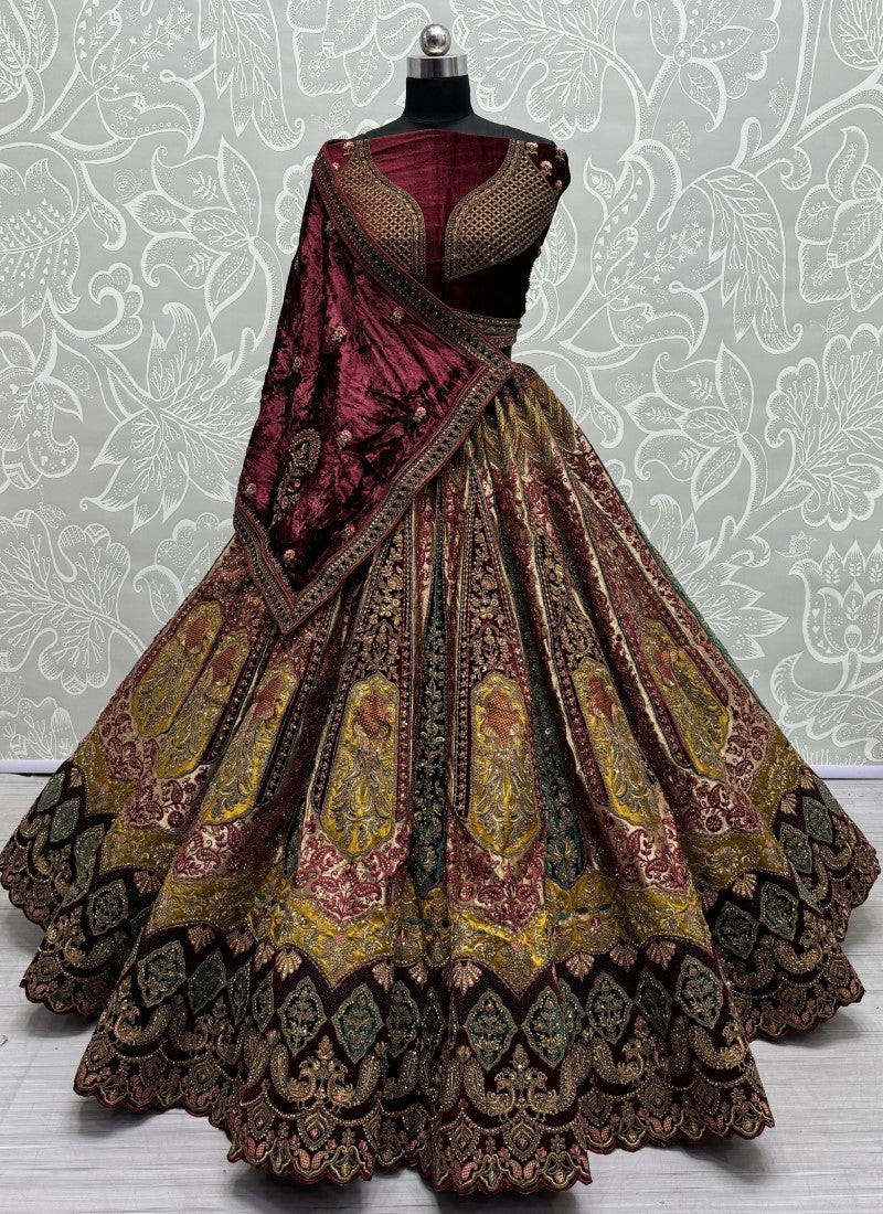 Double dupatta and heavy velvet patchwork attached designer bridal Lehengacholi in chicku colour