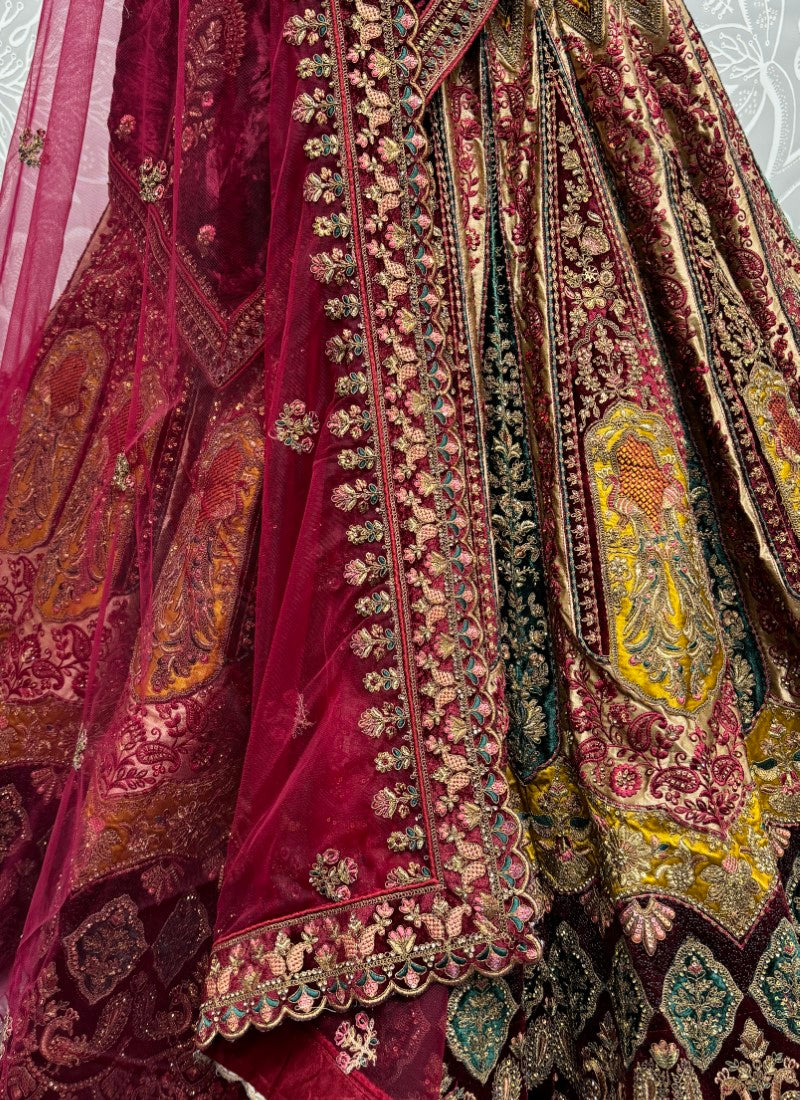 Double dupatta and heavy velvet patchwork attached designer bridal Lehengacholi in chicku colour