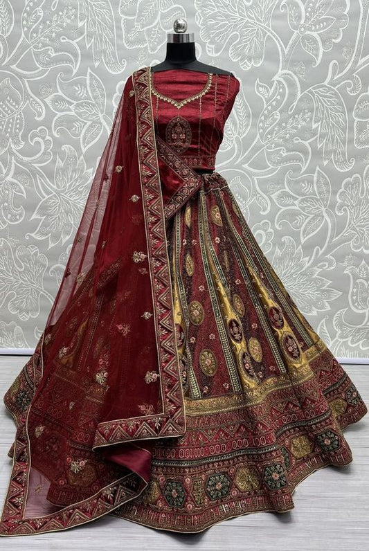 Amazing Kali With Patch Work Design Bridal Lehenga Choli In Maroon