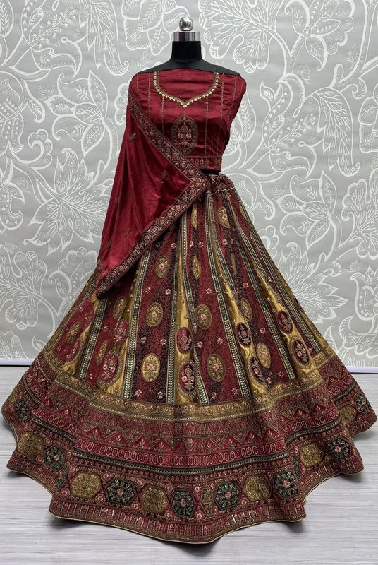Amazing Kali With Patch Work Design Bridal Lehenga Choli In Maroon