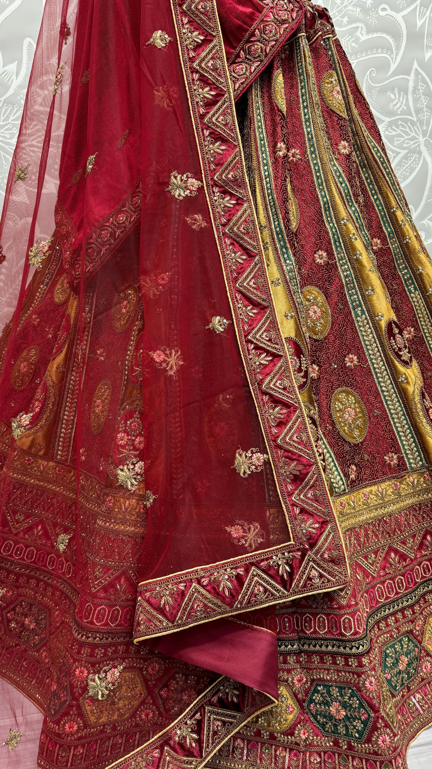 Amazing Kali With Patch Work Design Bridal Lehenga Choli In Maroon