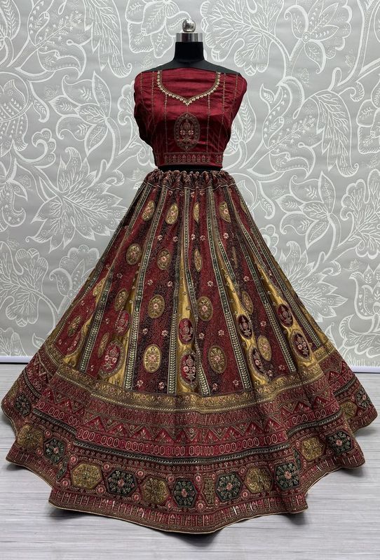 Amazing Kali With Patch Work Design Bridal Lehenga Choli In Maroon
