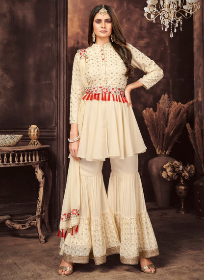 Beige Premium Fabric Designer Flaired palazzo kameez set